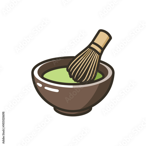 Japanese matcha bowl with whisk mixing green tea  