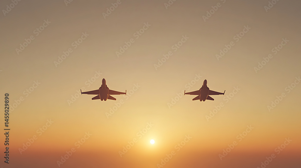 Two jets against a sunset backdrop, evocative scene. A dramatic aviation display with silhouettes of the planes enhancing the beauty of the sunset. Two jets against a sunset backdrop, evocative scene. A dramatic aviation display with silhouettes of the planes enhancing the beauty of the sunset.