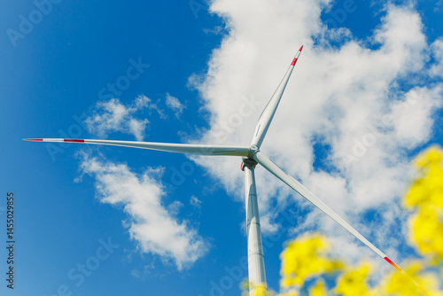 Obraz na płótnie Ecological energy generation by windmills from the wind. Windmill field. Wind turbines generating energy against a clear blue sky. Wind turbines generating clean renewable energy in a rural field. w salonie