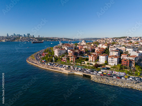 Panoramic view of Istanbul's waterfront cityscape on a sunny day.High-angle, full shot of the Istanbul waterfront. Uskudar, bosphorus blue sea, Marmara Sea, bridge, ottoman old city Turkiye touristic