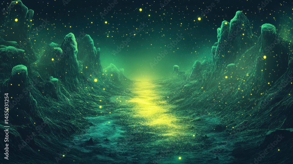Obraz premium Glowing path through alien landscape, night, fantasy art, sci-fi background