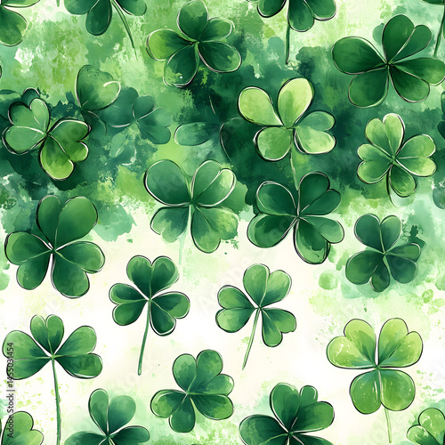 Beautiful seamless green clover pattern with a watercolor effect on a light background