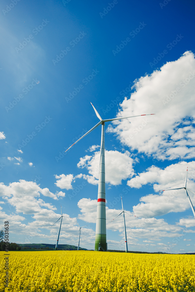 Wind turbines in a yellow field against a blue sky. Ecological energy production by windmills in rural areas in Europe.