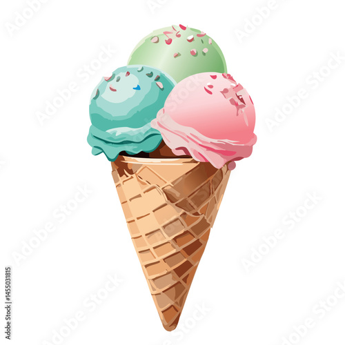 soft-realistic style, pink and mint ice cream cone with two scoops and sprinkles, soft airbrushing style, digital illustration