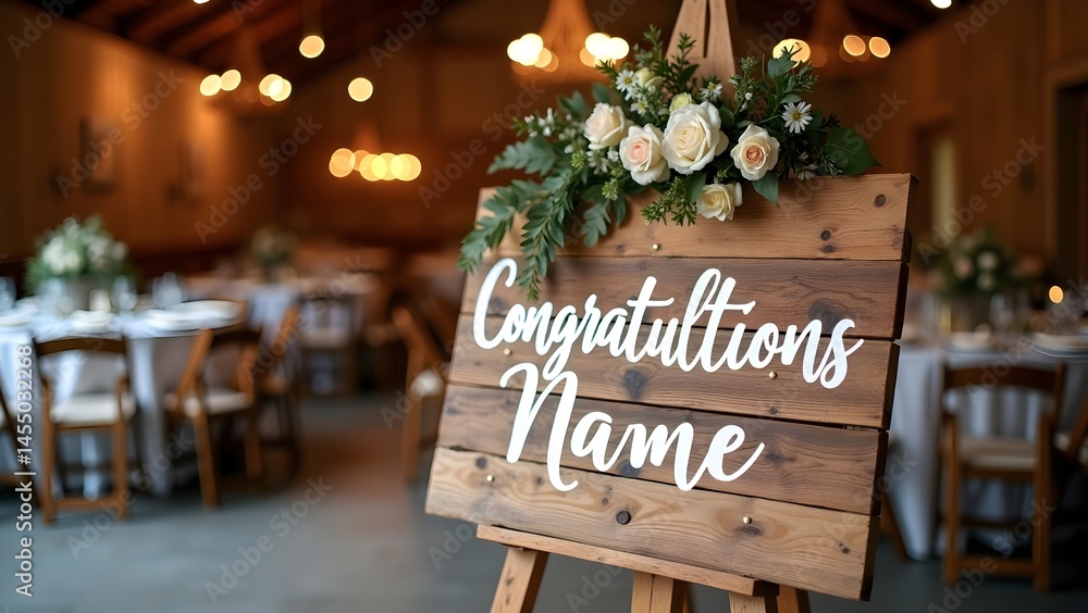 Rustic Barn Wedding Congratulations Sign with Copy Space for Names