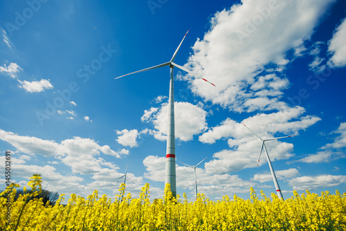 Obraz na płótnie Wind turbines in a yellow field against a blue sky. Ecological energy production by windmills in rural areas in Europe. w salonie