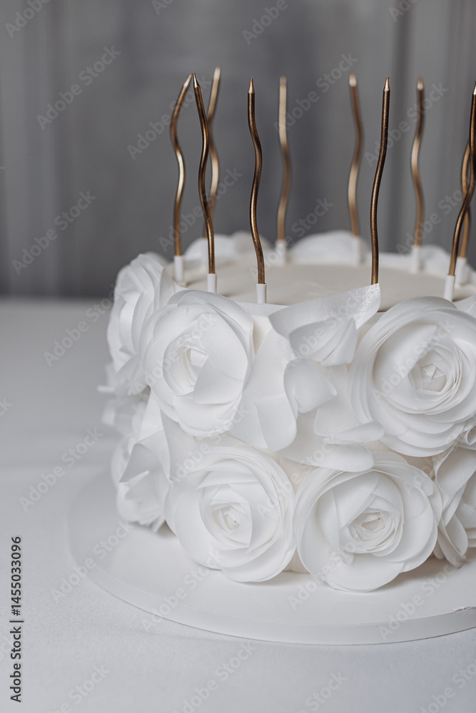 Sweet fresh cake with candles on it. Beautiful exclusive cake with protein cream. Candles on the cake. Birthday dessert