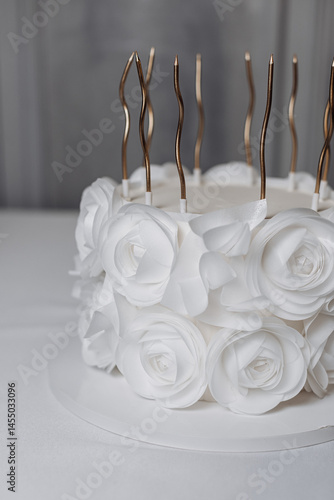 Obraz na płótnie Sweet fresh cake with candles on it. Beautiful exclusive cake with protein cream. Candles on the cake. Birthday dessert w salonie