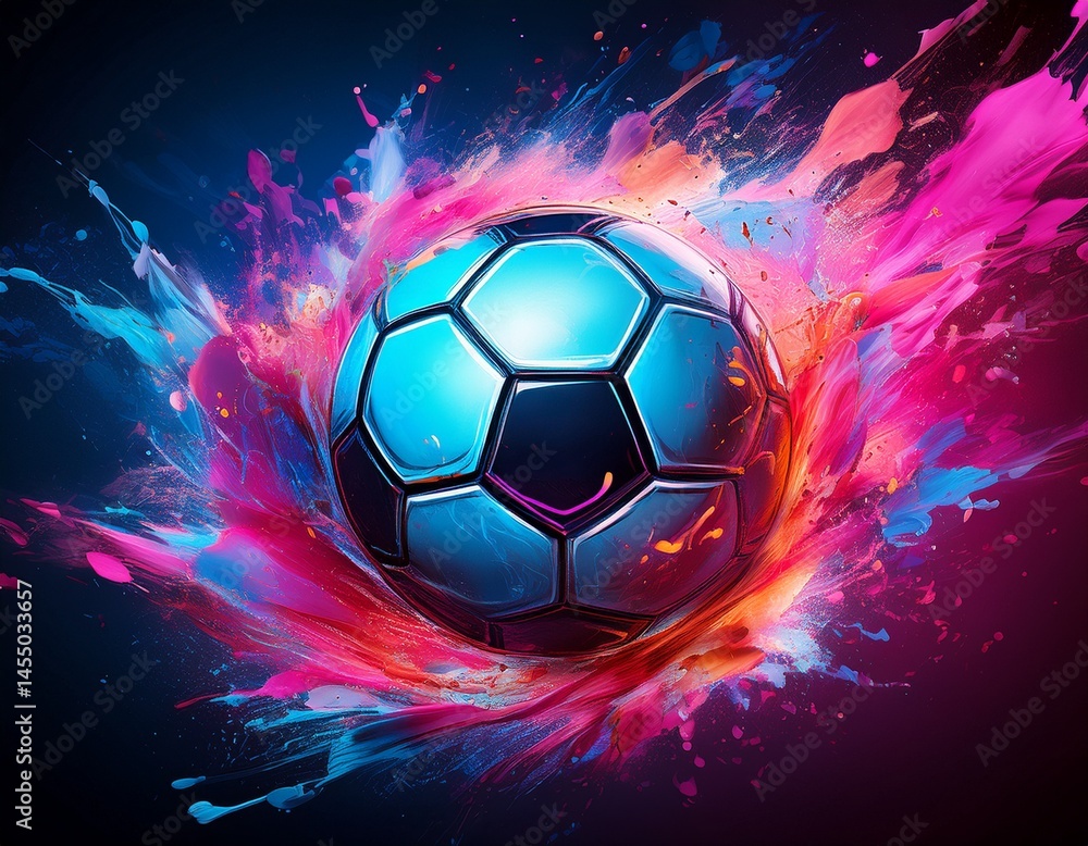 Fototapeta premium soccer ball in paint splash a soccer ball explodes in a vibrant blue and pink paint splash against a dark background dynamic and energetic perfect for sports themes