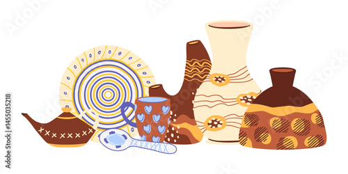 Decorative crockery. Ceramic tableware, clay kitchen pottery, dishes, bowls and plates flat vector illustration. Clay ceramic collection on white