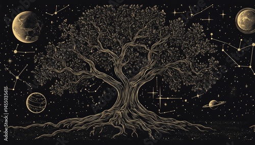 Ancient tree reaching for cosmos, planets, and constellations in a night sky backdrop.  Detailed line art depicts gnarled roots, branches, and celestial bodies