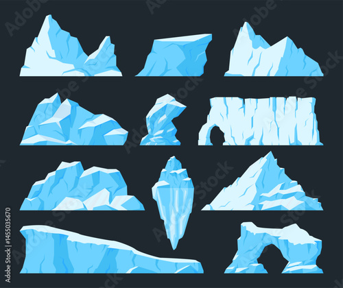Ice glaciers. Snow antarctic icebergs, huge snowy mountains and cracked ice rocks flat vector illustration set. Cartoon frozen icebergs