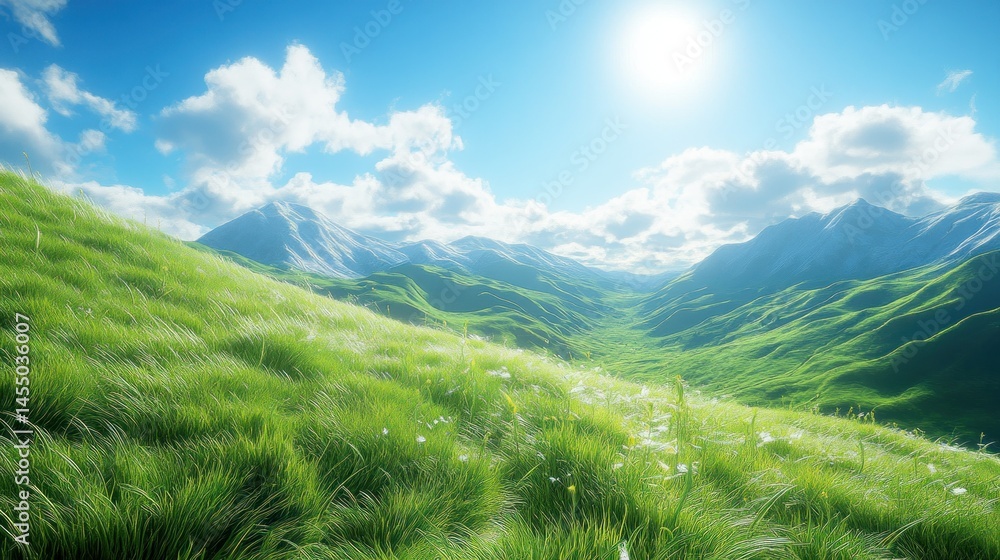 Obraz premium Lush green meadow slopes up to snow-capped mountains under a vibrant blue sky
