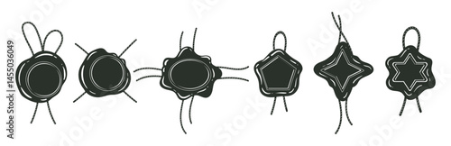 Postal wax seal silhouettes. Vintage postage wax seals with jute cord, monochrome wax stamps flat vector illustration set. Cartoon wax seal collection