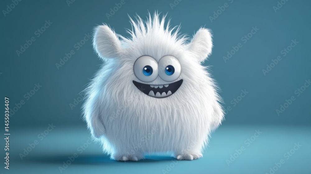 Obraz premium Happy fluffy monster smiles on blue background
