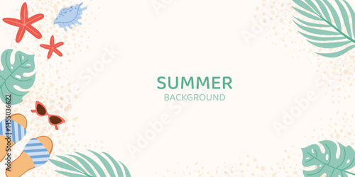 Vector summer background with beach elements. Palm leaves, starfish, sunglasses, and flip-flops. Minimal clean design, flat illustration style. Perfect for seasonal banners and travel promotions.