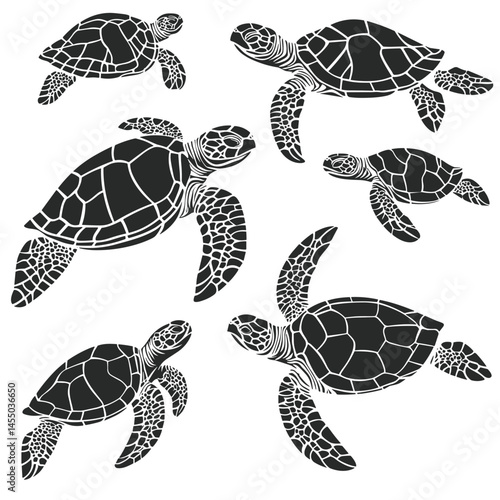 A collection of sea turtles swimming in various directions in a pattern or illustration.