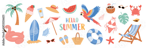 Set cute summer holiday beach elements. Collection flat elements for vacation, beach holiday, weekend and summer time concept. Hand drawn modern items, signs for card, scrapbooking.