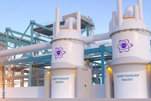 concept of a SMR small modular nuclear reactor power plant on a sunny day. SMR is a future energy concept. 3d rendering.