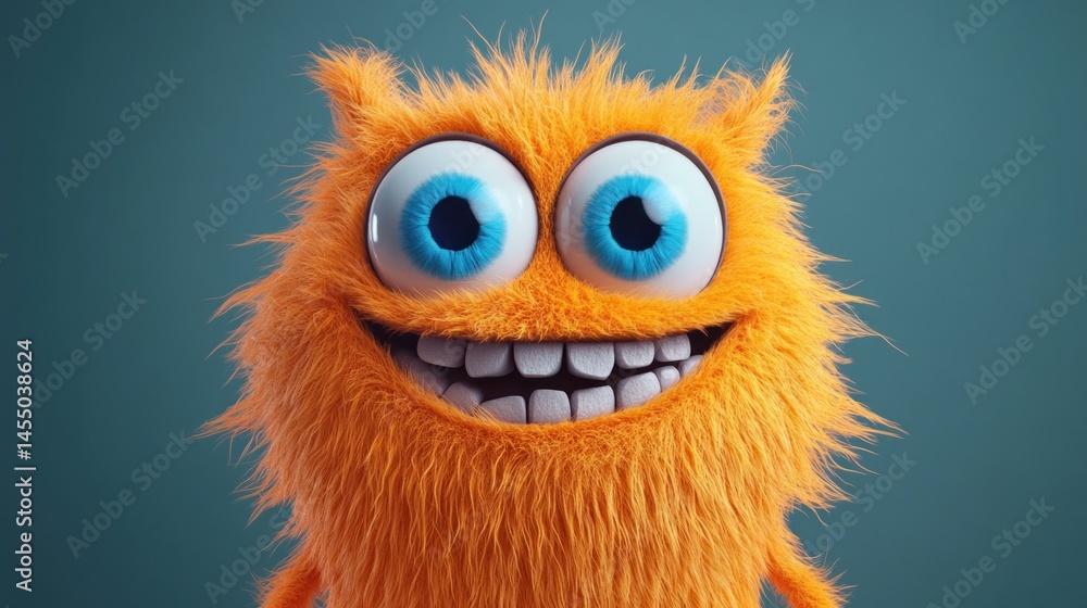 Fototapeta premium Happy orange furry monster close-up, teal background