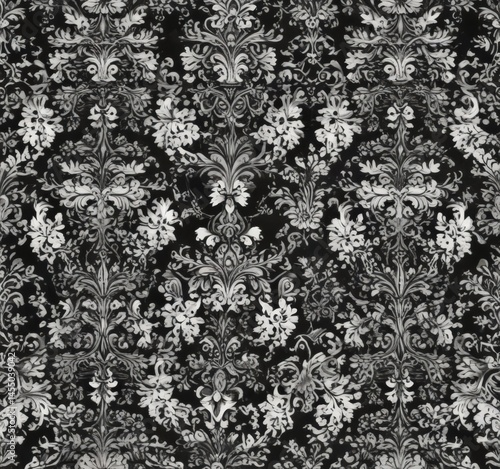 Intricate black & white damask wallpaper; seamless floral gothic pattern , pattern, high resolution, interior