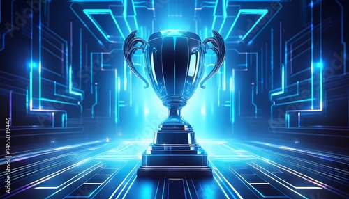 champion trophy with futuristic technology blue neon background