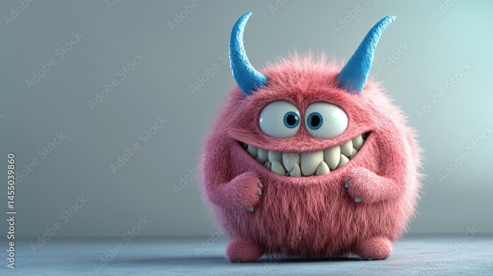 Fototapeta premium Happy pink monster, studio shot, grey background, playful character, children's book illustration