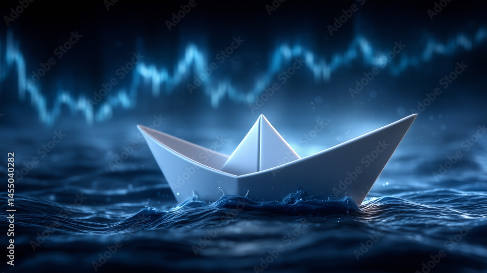 A serene, digitally created image of a white paper boat floating on a calm ocean with glowing waves and digital data patterns in the background. A serene, digitally created image of a white paper boat floating on a calm ocean with glowing waves and digital data patterns in the background.