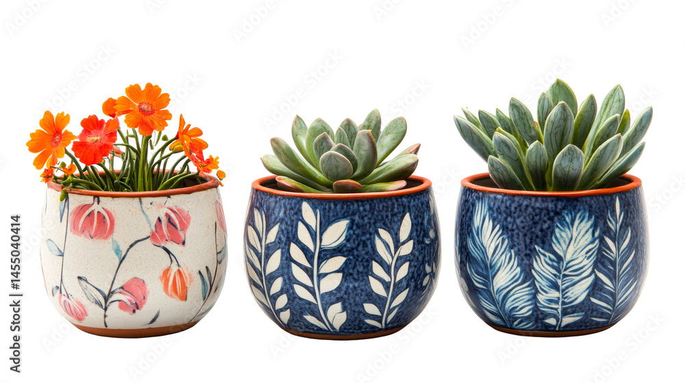 Three Decorative Pots with Plants on Black, cut out transparent Three Decorative Pots with Plants on Black, cut out transparent