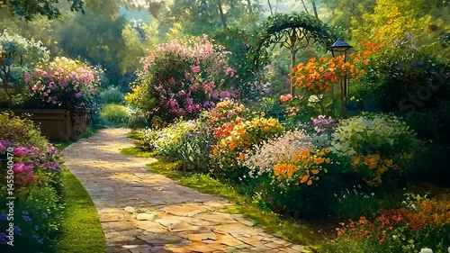 A Serene Journey Through a Vibrant and Lush Flower Garden Pathway