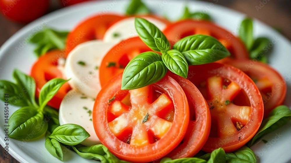 Caprese salad with tomato slices, mozzarella, and basil. Caprese salad with tomato slices, mozzarella, and basil.