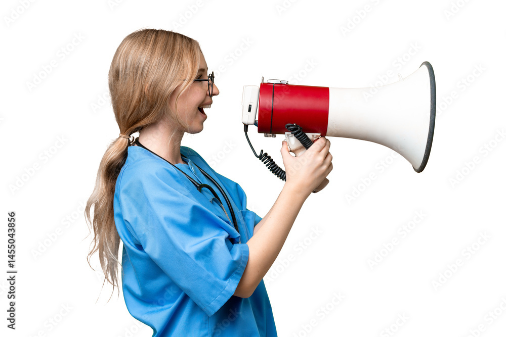 Naklejka premium Young nurse English woman over isolated background shouting through a megaphone