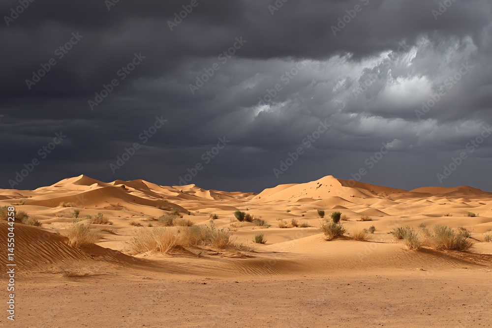 Naklejka premium Amazing sunrise over Sahara’s sandy desert dunes