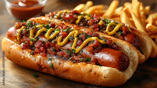 Close-up of two fully loaded gourmet hot dogs on a wooden board, with fries.
