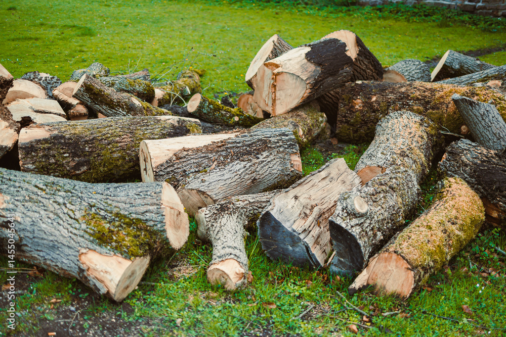 Pile of chopped fresh trees. Forest cutting. chopped logs from huge trees.