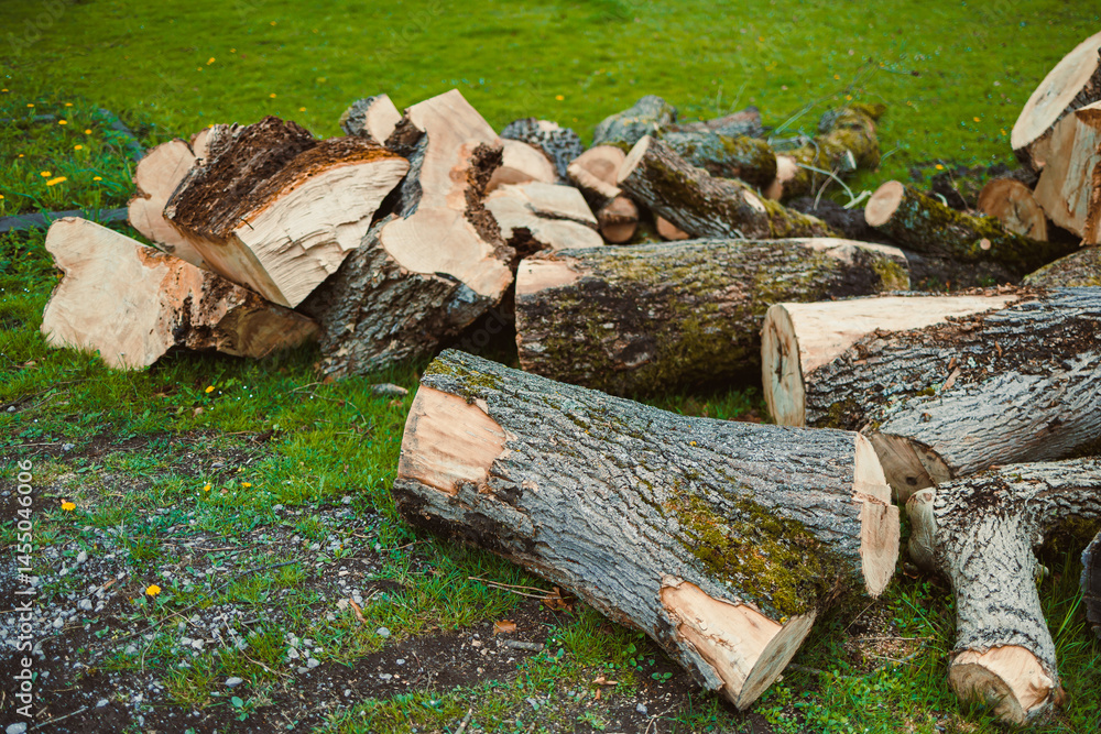 Pile of chopped fresh trees. Forest cutting. chopped logs from huge trees.