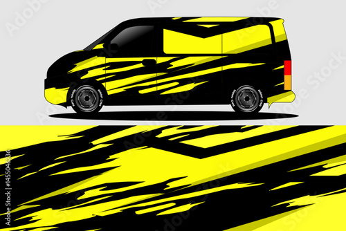 Van with dynamic yellow and black design on display