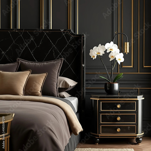 Art Deco Bedroom with Marble and Solitary Flower, Generate AI