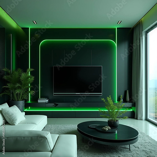 High-Tech Living Room with Neon Lighting and Solitary Plant, Generate AI