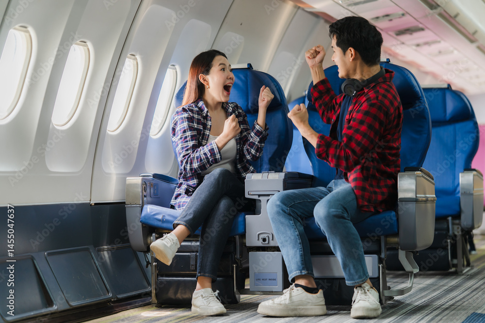 Excited Couple Traveling by Airplane