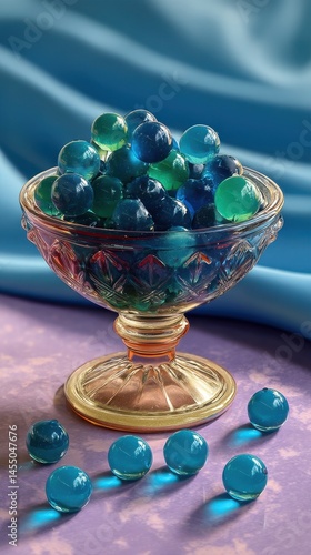 Elegant glass bowl filled with translucent hydrogel balls in blue and green tones, sitting on a textured lilac and blue fabric backdrop
