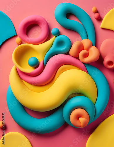 Brightly colored clay forms dynamic swirls and playful shapes, each vivid hue blending seamlessly into the next against a smooth pink backdrop, providing a sense of joy and creativity Generative AI