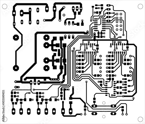 Tracing conductors of printed circuit board
of electronic device. Vector engineering 
drawing of pcb design. Electric background.
Computer technic cad project.
