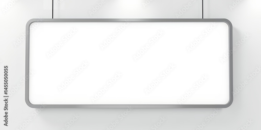 A rectangular white sign with a gray border hanging from a white wall by two black wires A rectangular white sign with a gray border hanging from a white wall by two black wires