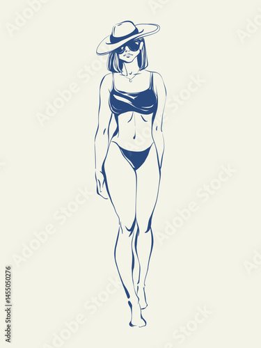 Young woman standing in a swimsuit and summer hat. Elegant woman hand drawn sketch. La dolce vita summer mood. Woman in bikini, minimal line art with whimsical Italian summer vibe. Female in swimwear.