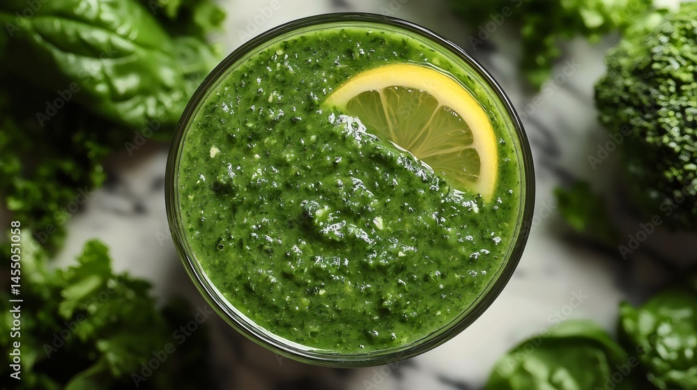 An overhead shot of a delicious green smoothie with a lemon garnish, rich in greens. An overhead shot of a delicious green smoothie with a lemon garnish, rich in greens.