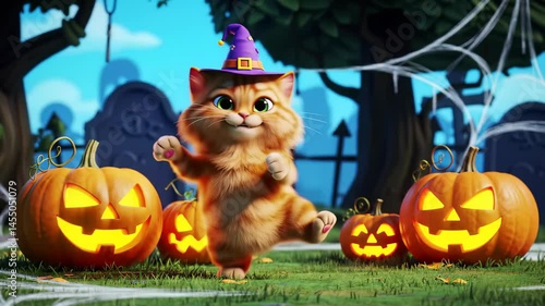 Adorable pumpkin halloween scene with cartoon cat in witch hat dancing in spooky graveyard. concept of halloween celebration, cute feline, spooky autumn vibes