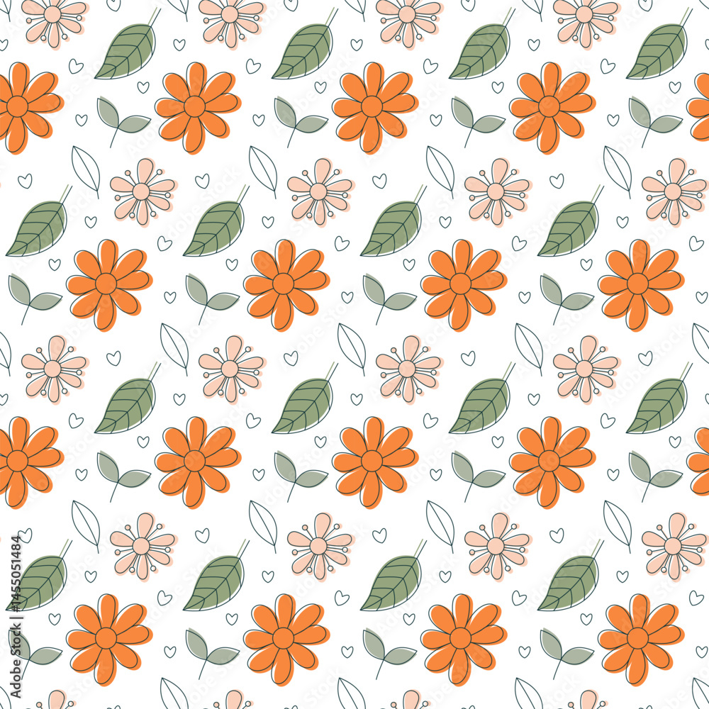 Seamless doodle flower pattern with orange and pastel pink blossoms, green leaves, and cute hearts. Perfect for kids, fabric, wrapping paper, spring and summer designs. Seamless doodle flower pattern with orange and pastel pink blossoms, green leaves, and cute hearts. Perfect for kids, fabric, wrapping paper, spring and summer designs.
