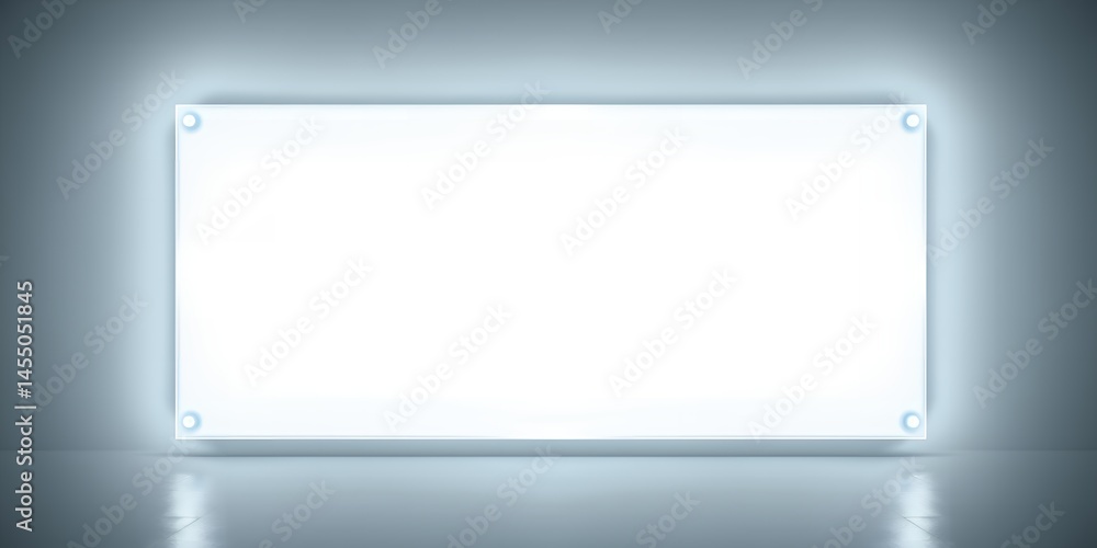 A blank white rectangular sign illuminated on a gray wall with mounting hardware visible A blank white rectangular sign illuminated on a gray wall with mounting hardware visible