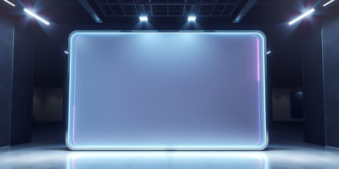 Illuminated screen with neon border in a dark room with spotlights and reflective floor space